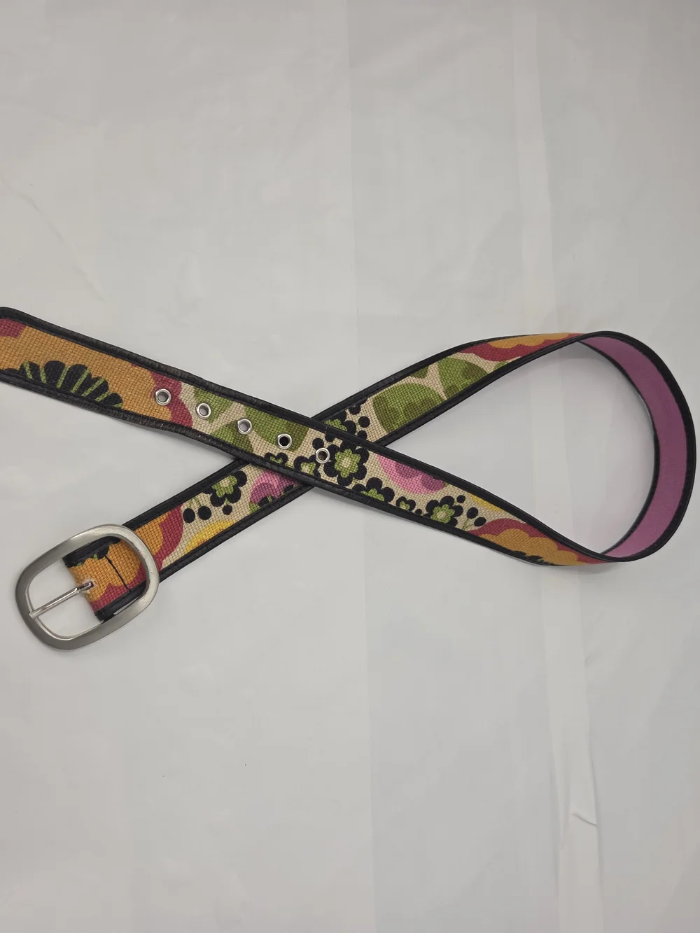 Vintage Peruvian Hand Embroidered Wool Belt Boho Floral Needlepoint Folk Art